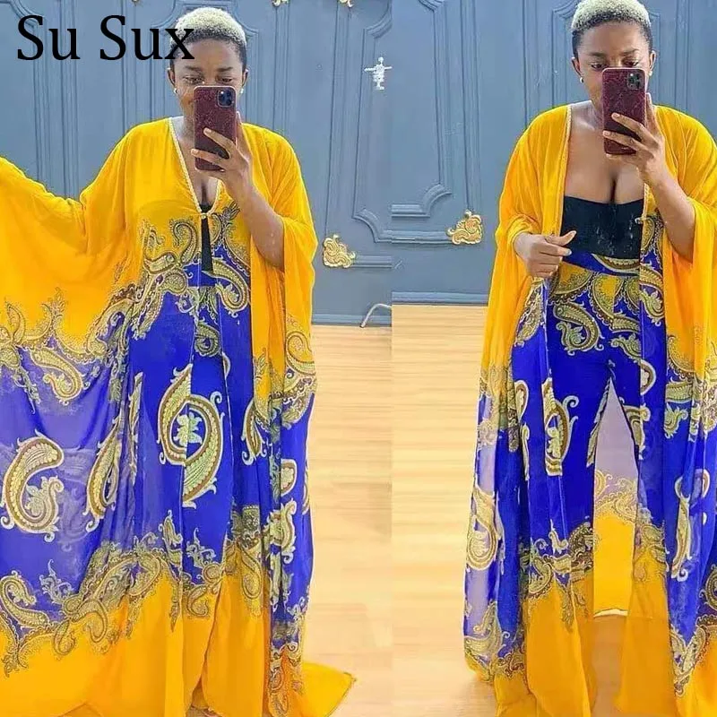 

Plus Size Wide Leg Pant Suits Women African Clothes 2 Piece Set Loose Tracksuit Print Robe Long Bat Sleeve Top Sets Vestidos