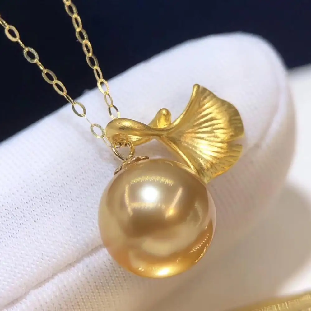 

D722 Pearl Necklace Fine Jewelry 18K Solid Gold Round 8-9mm Nature Sea Water Golden Pearls Pendants Necklaces for Women Presents