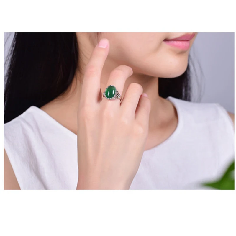

PANSYSEN Vintage Oval 12x15MM Emerald Chalcedony Finger Adjustable Rings for Women Men Wholesale 925 Silver Anniversary Ring