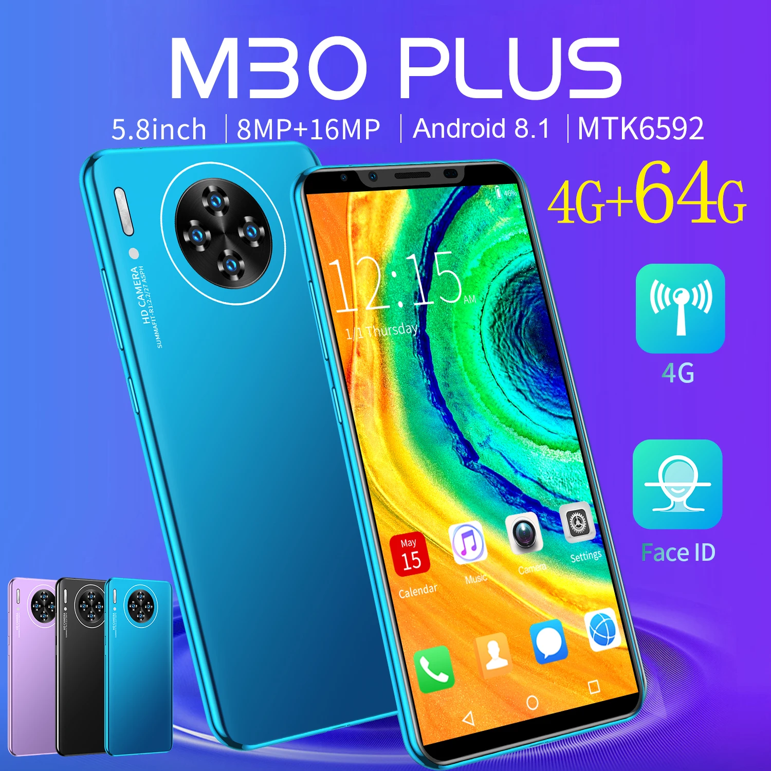 Hot Sale Cheap Phone M30plus  MTK6592  10Core 5.8Inch Smartphone 4GLTE 4+64G 8MP+16MP 4800MAH Face Fingerprint ID Android 8.1