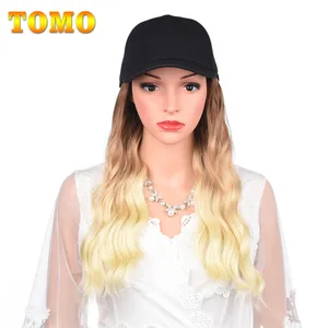 TOMO Baseball Cap With Curly Wigs 16 Inch Ombre Color Long Curly Synthetic Hair Extensions Black White Adjustable Wig For Women