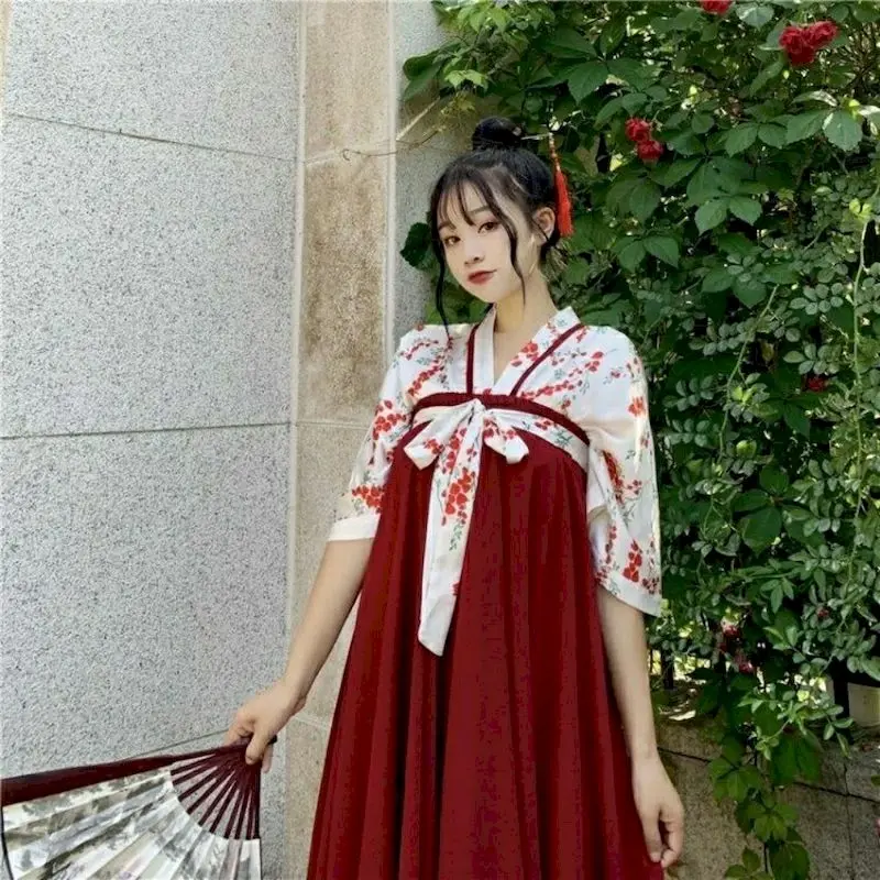

NiceMix two piece set women hanfu spring shirt big swing skirt streetwear red print outfits Chinese style matching sets