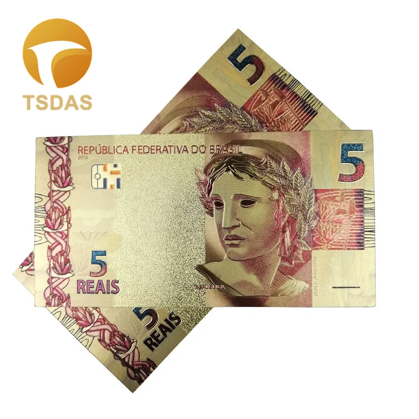 5 Reais Красивые красочные банкноты из Бразилии, 10 шт./лот, золотые банкноты, 24 к, позолоченные, 5 цветов, банкноты для сбора и украшения дома - Цвет: 5 Reais