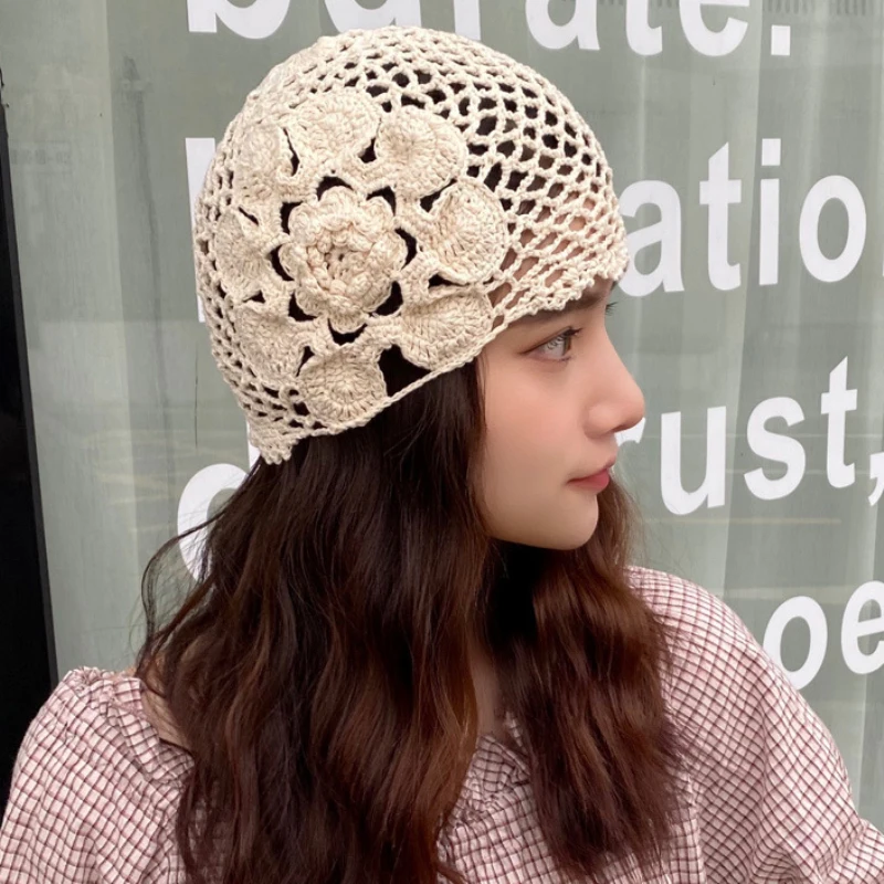 

Women Hat Vintage Crochet Knitted Flower Beanie Ladies Spring Summer Skullies Beanies