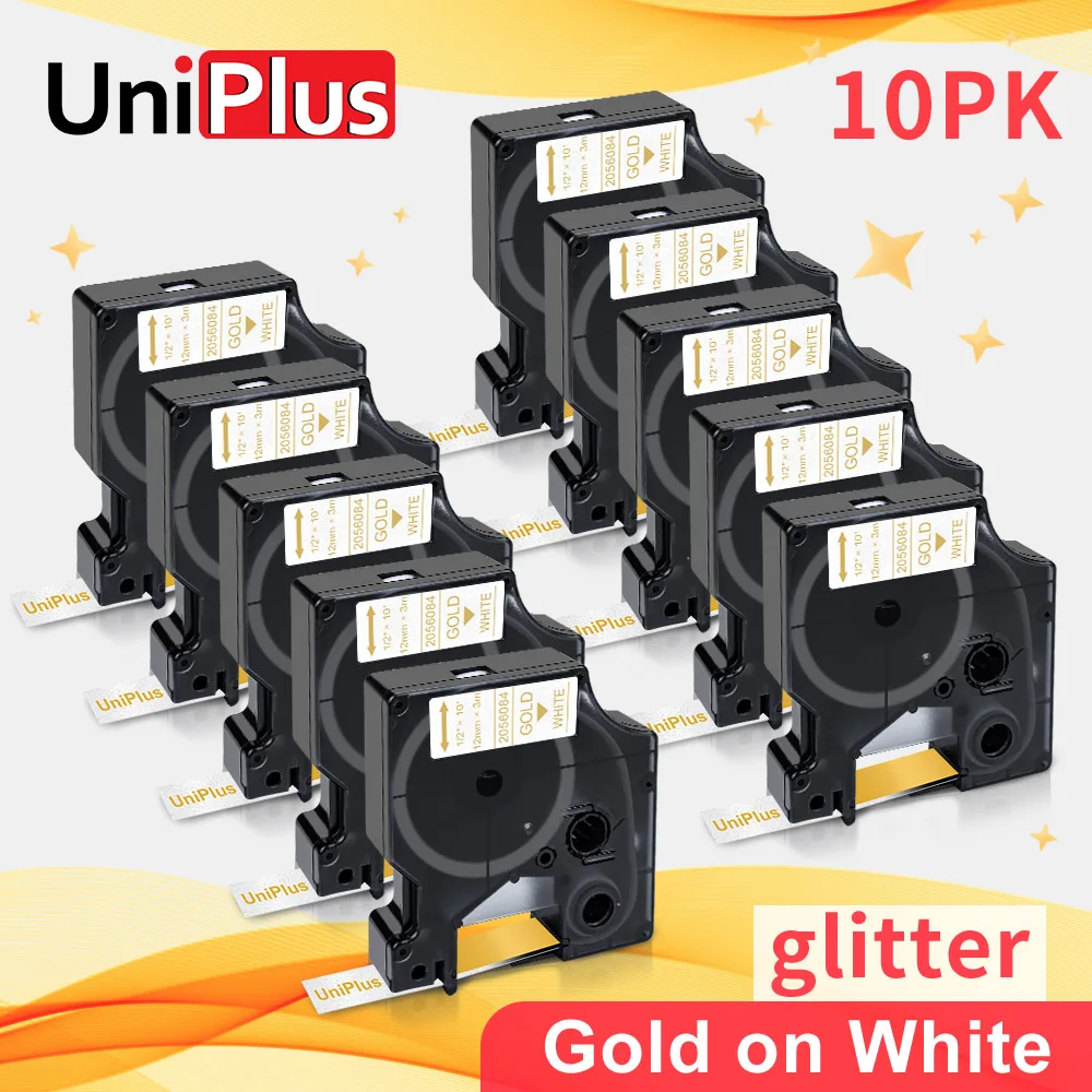 

UniPlus 10PK Glitter Label Tape Compatible Dymo Label Maker Gold on Flash White for Dymo Tape D1 Printer Ribbon Dimo Labeller