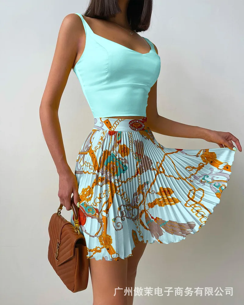 

2021 Summer New 2 Piece Set Women Color Contrast Pleated Suit Skirt