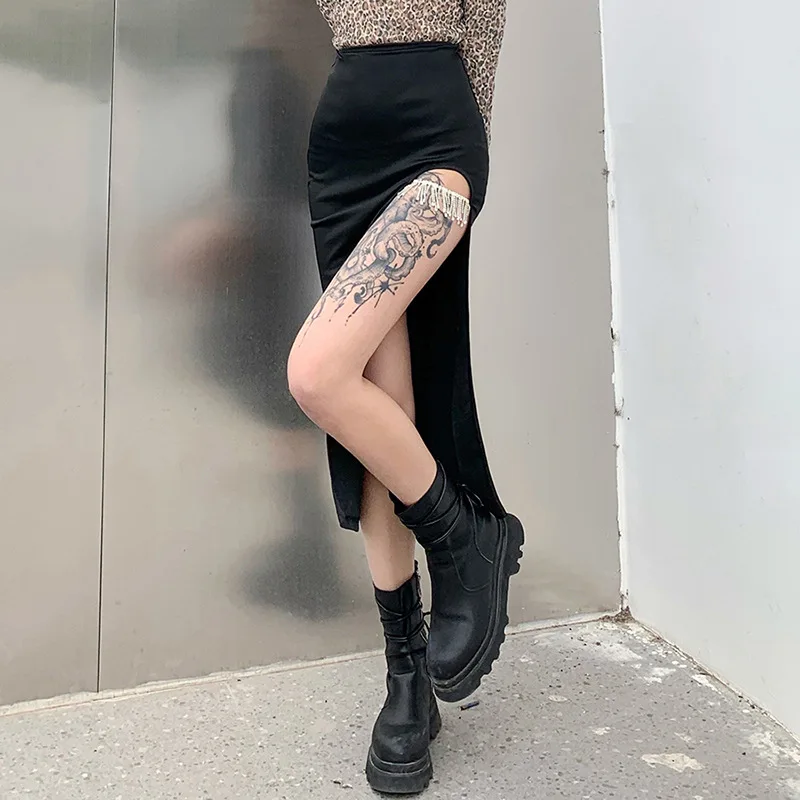 

GothGothic Super Sexy Black Slit Skirt Bodycon Slim High Waist Summer Fashion Streetwear Party Club Mid Calf Length Solid Colour