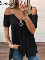 zipper v neck off shoulder short sleeve shirt womens sexy summer casual t shirt fashion loose plus size pullover sling tops