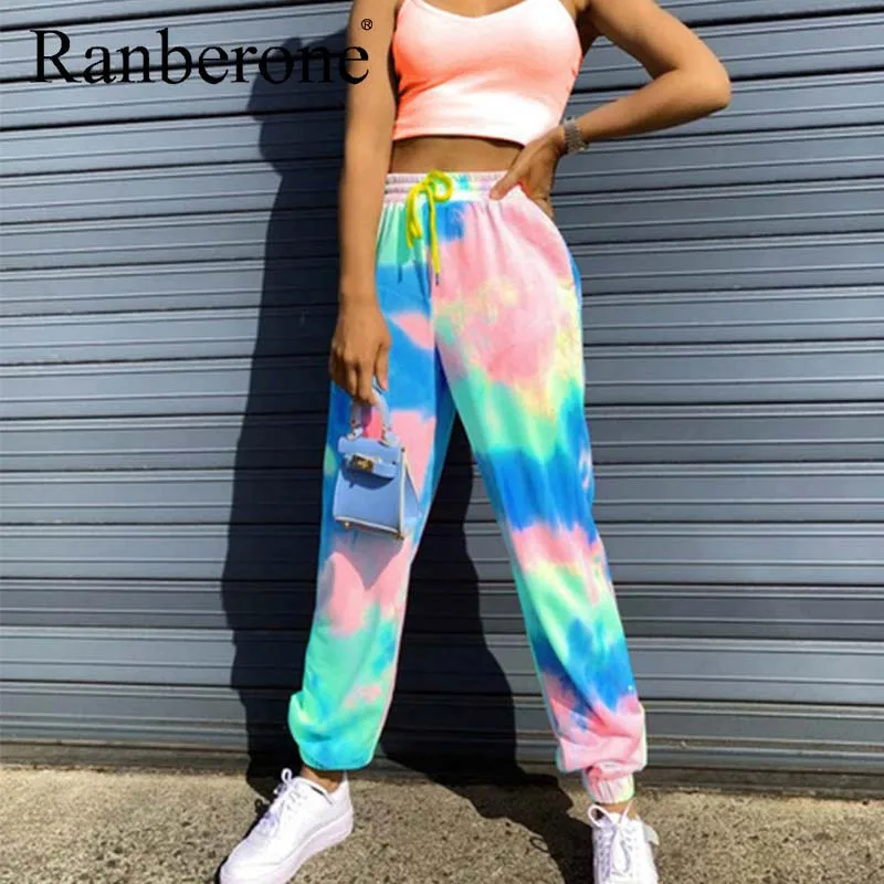 Tie Dye Printed Sweatpants Women Fashion Harajuku Pants Colorful Psychedelic Track Pants Slim Streetwear Trousers With Pocket