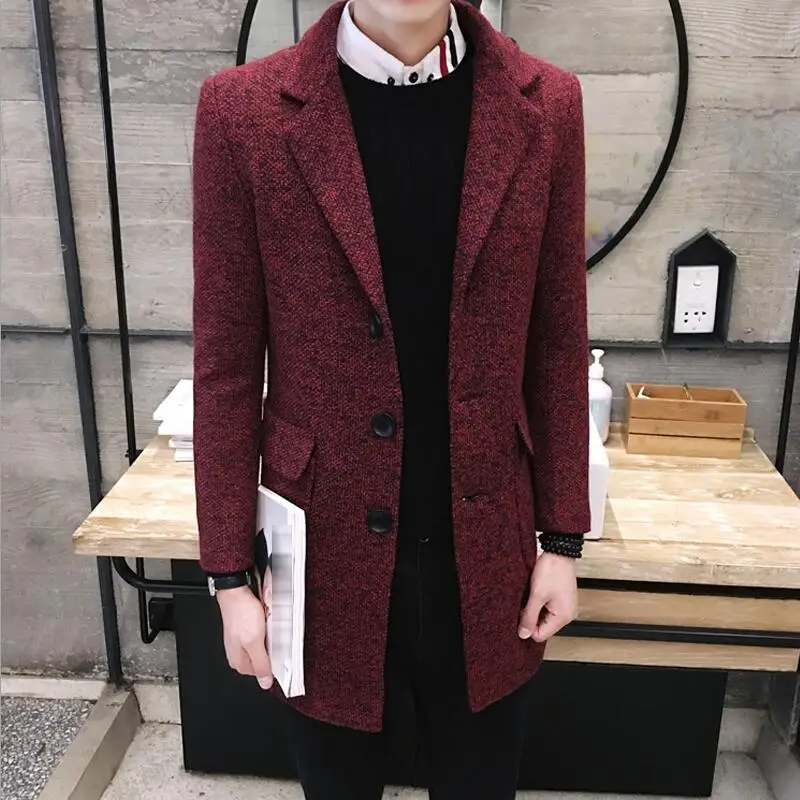 Wine red Новинка зимы, Мужская модная бутиковая одежда, повседневное деловое шерстяное длинное пальто/мужское серое пальто, мужские повседневные куртки - Цвет: Wine red