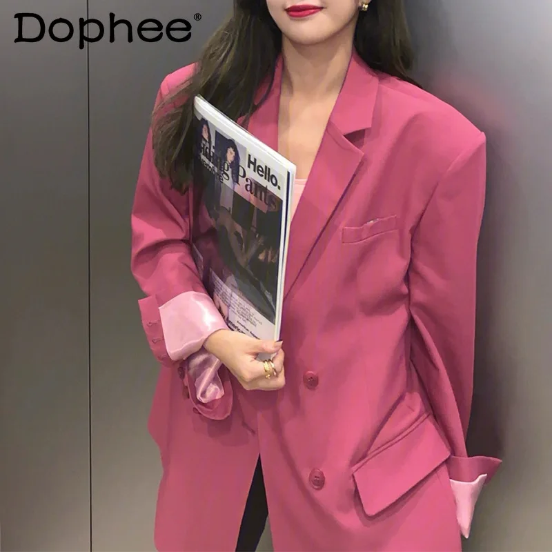 

Elegant Office Lady Suit Coats Fall 2021 Fashion Women Clothing Loose Oversized Slimming Double Breasted Rose Pink Blazer Jacket