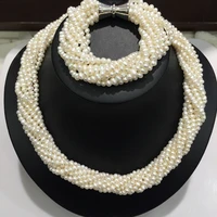 hand knotted 9rows 3 4mm white color multi layer natural freshwater pearl twist necklace bracelet set fashion jewelry
