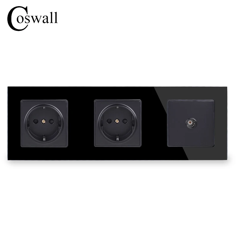 COSWALL настенная Хрустальная стеклянная панель двойная розетка питания с заземлением 16А электрическая розетка европейского стандарта с женским ТВ-разъемом