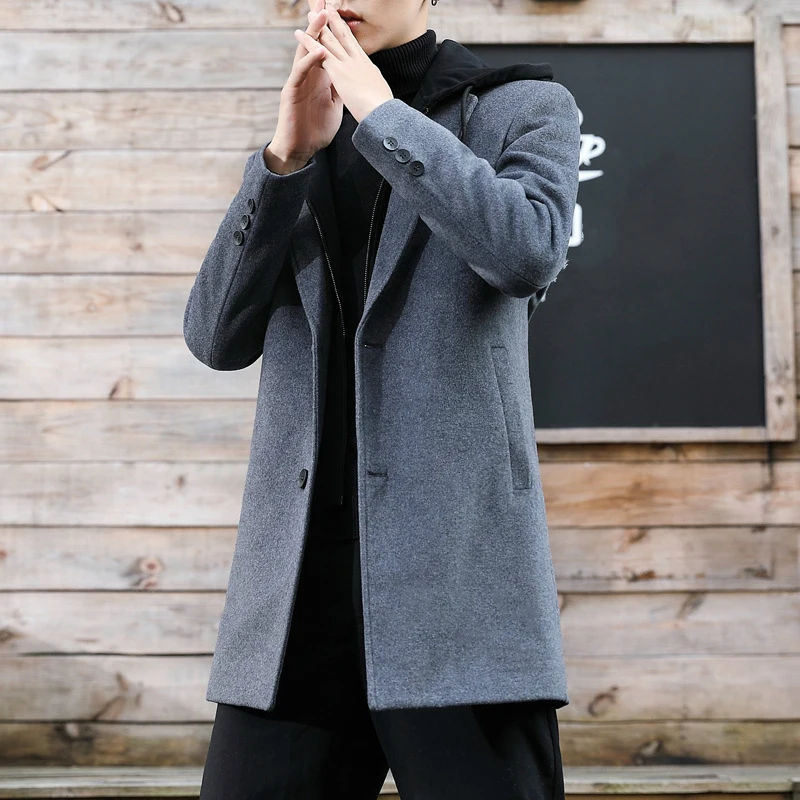 Мужское шерстяное пальто со съемным капюшоном черное большого размера с длинным