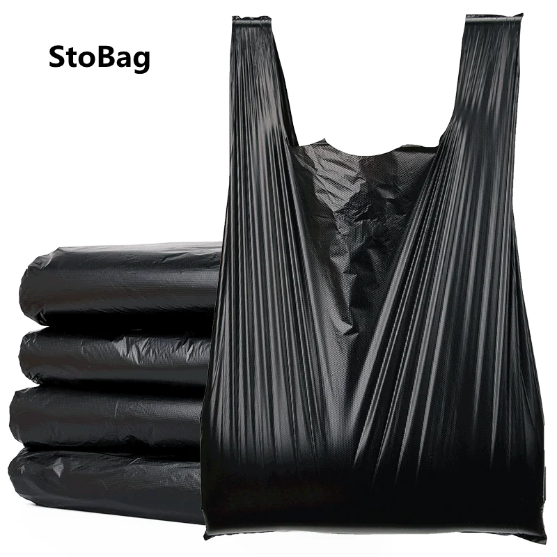 

StoBag 500Gram/Pack Thickened Black Vest Plastic Bag Takeaway Shopping Packing Garbage With Handle Bag Kitchen Living Room Clean