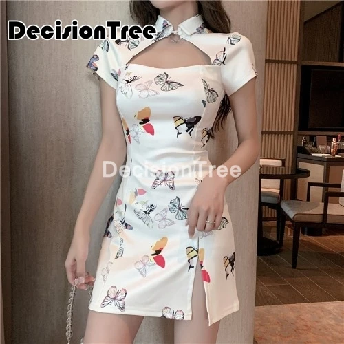 Женское Короткое платье-Ципао в китайском стиле с принтом бабочек вырезами