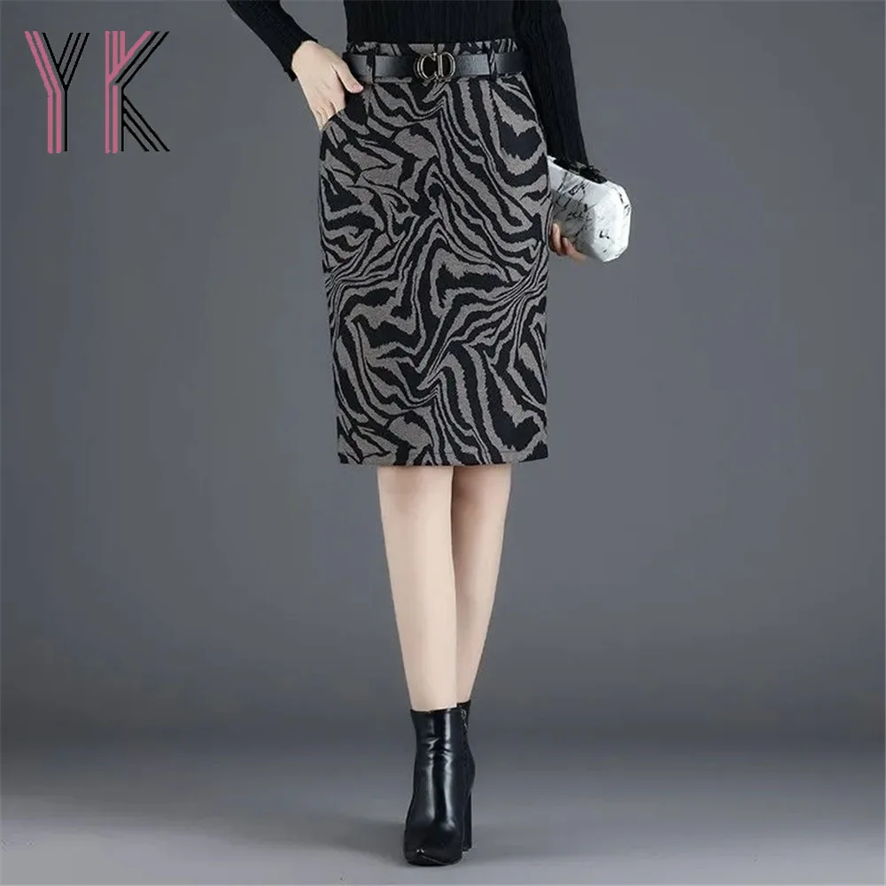 

Zebra Stripes Slimming Back Slit High Waist Short Skirts Office Lady Elegant Knee Length Skirts Vintage Mom Saia Women Clothing