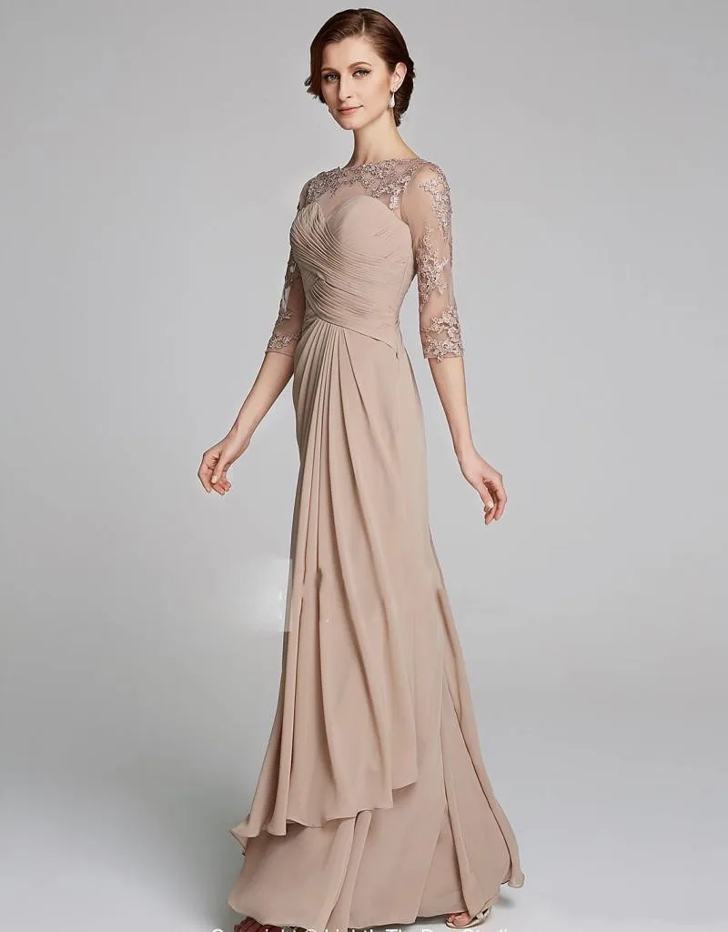 

Modest Champagne Mother of the Bride Dresses Plus Size Ruched Lace Applique A Line Chiffon Wedding Guests Dress Mothers Formal