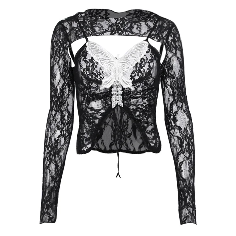

Black Lace 2 Pieces Women T-Shirt Camis Top Suit Set Sexy Female Round Collar Long Sleeve Outerwear V-Neck Vest Streetwear