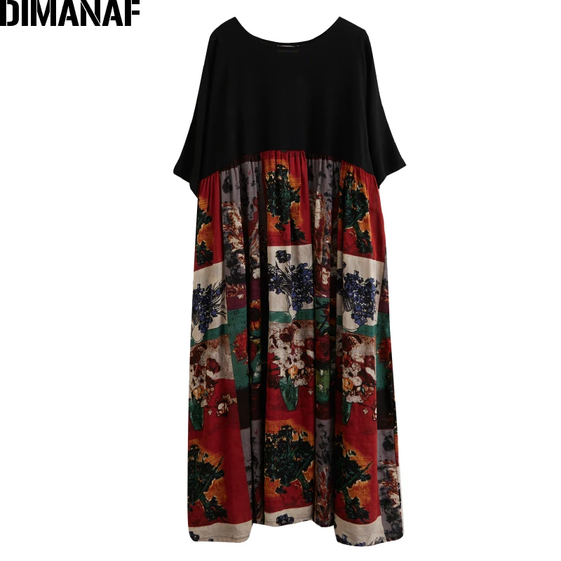 

DIMANAF 2021 Plus Size Summer Dress Women Vintage Lady Vestidos Oversize 5XL 6XL Long Dress Cotton Casual Floral Print Black
