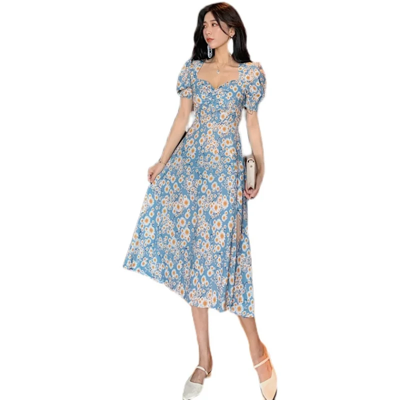 

summer printing dress square neck puff sleeve new korean fashion sweet wind sexy style office party for women dresses