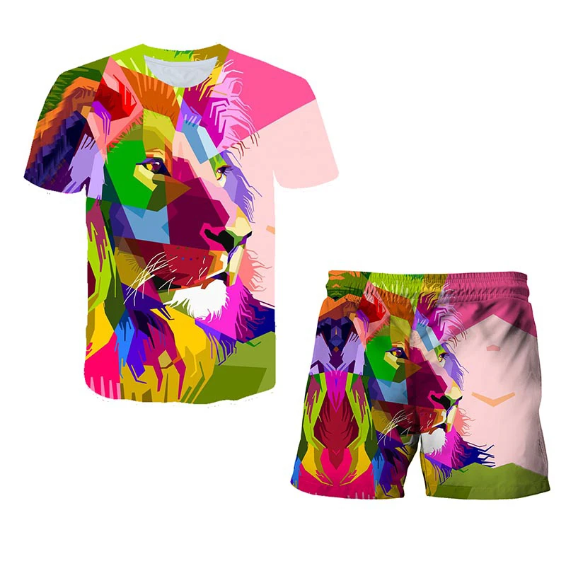 

3D printed Lion King T-shirt Boy Summer Lion Short-sleeved Shorts Sets Children's Animation Shorts Set teens Clothes Sets 4-14T