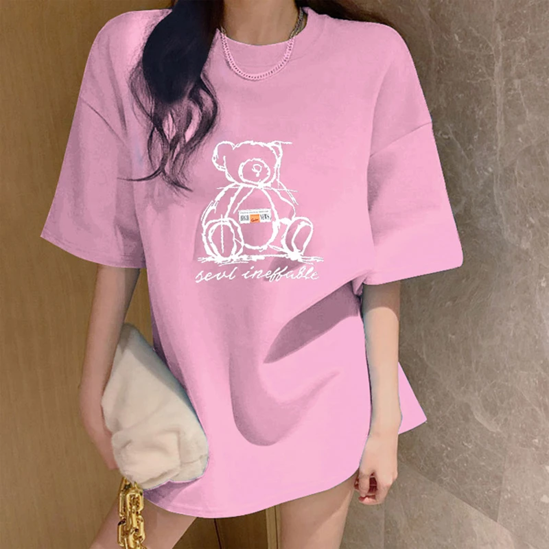 

2021 Summer Temperament Commuter Women's Round Neck Loose Cotton Short-sleeved Bear Print Casual Outer Wear Mid-length T-shirt