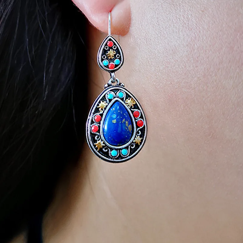 Lapis lazuli Новые MYWINY собственный дизайн металлические цветы винтажные этнические зеленые серьги для женщин 18 дизайн - Окраска металла: Lapis lazuli