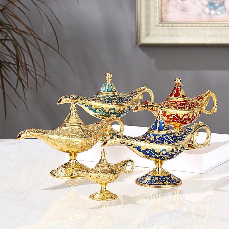 

Arab Mythology Aladdin Wishing Lamp Traditional Hollow Out Retro Wishing Oil Lamp Home Decoration Ornaments Stage Props Souvenir