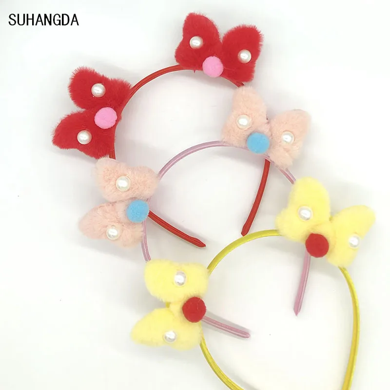 1 шт. новая милая плюшевая повязка на голову с бантом и жемчужными ушками детская