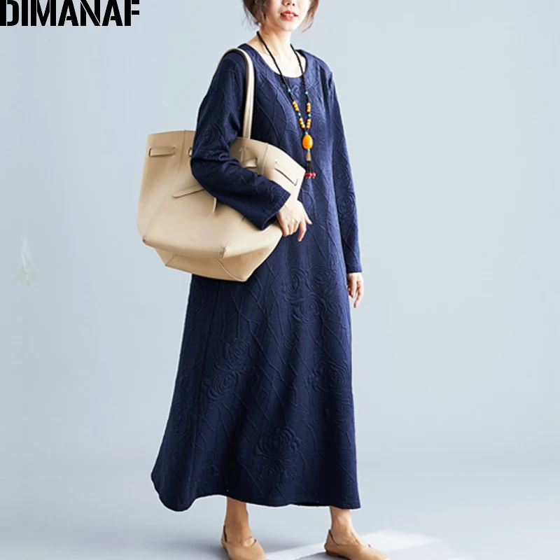Ke91243CN-zang DIMANAF женское платье большого размера зимнее плотное винтажное элегантное свободное женское платье с длинным рукавом жаккардовое однотонное платье с цветочным рисунком - Цвет: Ke91243CN-zang