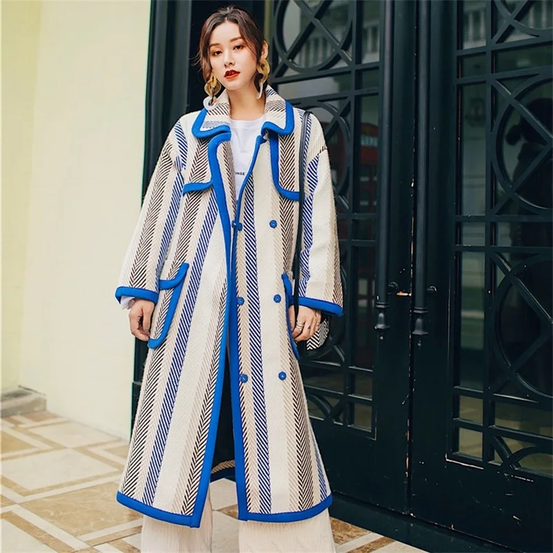 Осеннее и зимнее Полосатое кашемировое шерстяное пальто 2019 женское свободное