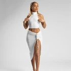 Летняя женская белая короткая юбка из 2 предметов + Привлекательный Топ без рукавов с открытой спиной, Клубная майка с лямкой на шее, жилет на пупке, с разрезом, Новинка