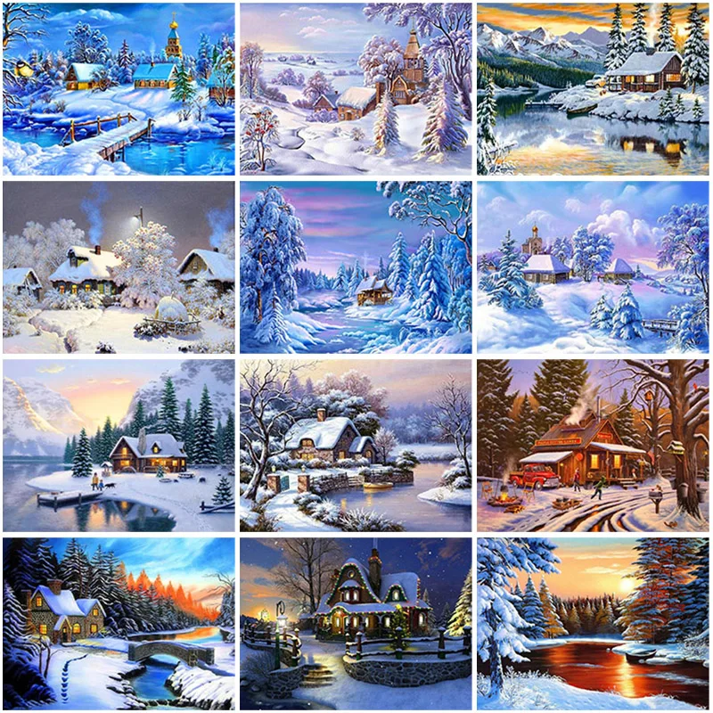 

DIY Winter Snow Scenery 5D Diamond Painting Full Round Drill Mosaic Landscape Diamond Embroidery Cross Stitch Christmas Gift