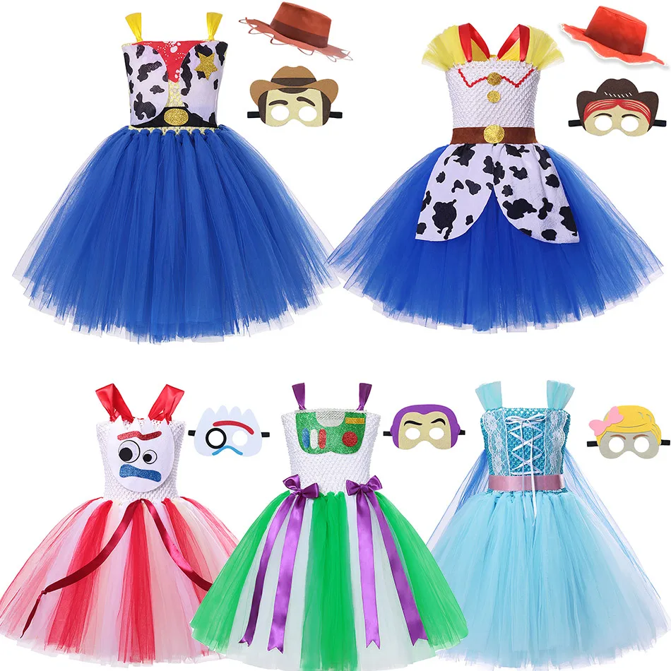 2 4 6 8 10 12 Years Story of Toys Summer Off Shoulder Tutu Dress for Girls Woody Buzz Jessie Forky Bo Peep Party Kid Tulle Frock | Детская