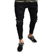 mens cool designer brand jeans ripped black skinny destroyed grind flanging stretch slim fit hop hop pants with holes for men