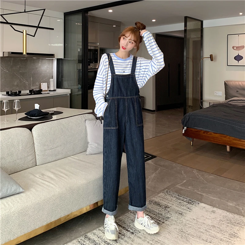 

Women's Denim Overalls Casual Wide-Leg Pants Korean Preppy Style Dark Blue Spring 2021 Woman Fashion Retro Pocket Jumpsuits