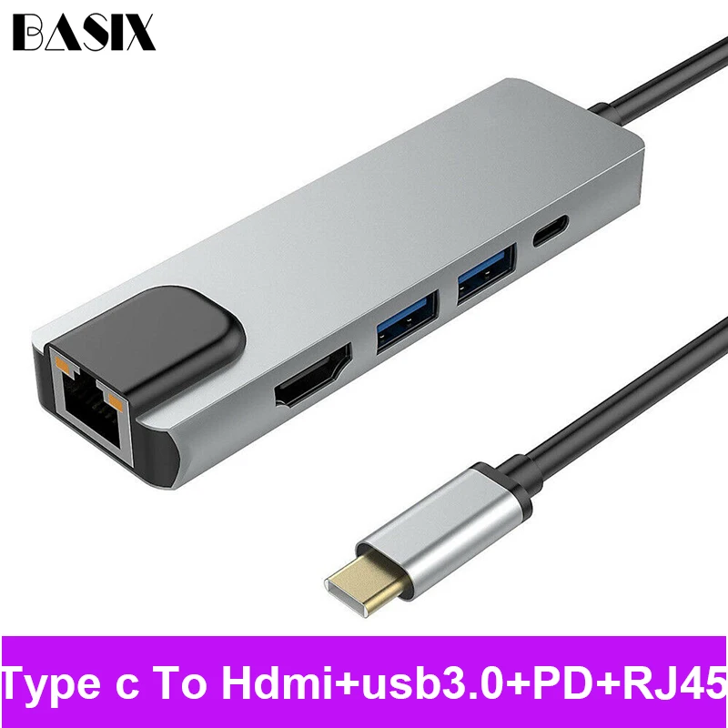 

Адаптер Basix Type C Hub к Hdmi 4K USB C Hub к Gigabit Ethernet Rj45 Lan Adapter для Mac Book Pro Thunderbolt 3 USB-C