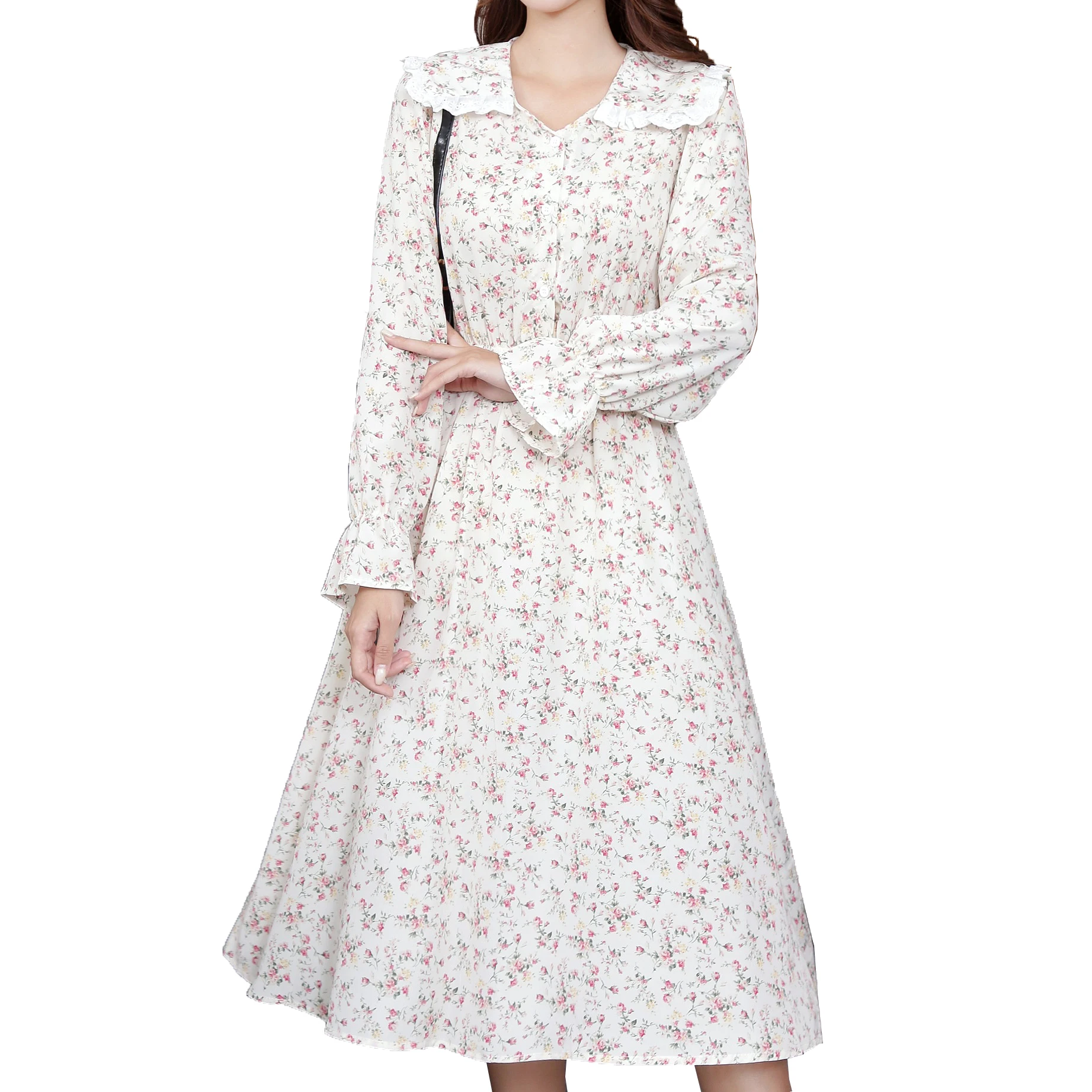 

YOMING Ready Stock Ladies all-match Floral Printed Chiffon Shirt Long sleeve Dress