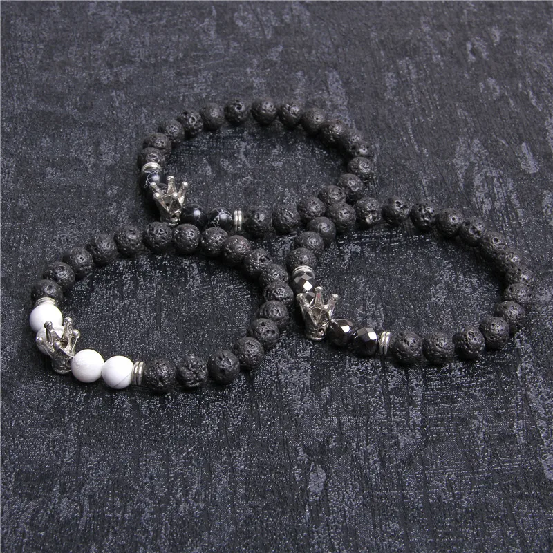 Fashion Men Bracelet Natural Black Lava Volcanic Stone &amp Hematite Beads Crown Charm Jewelry for Women Homme | Украшения и