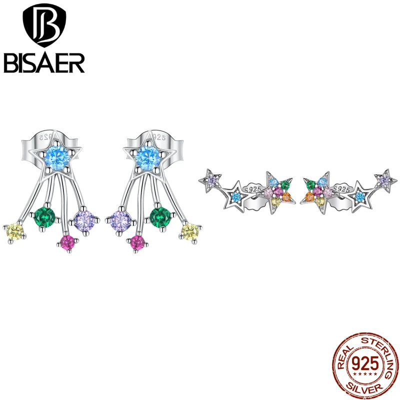 

BISAER 925 Sterling Silver Dazzling Zircon Earrings Colorful Starry Stars Stud Earrings For Women Fine Silver Jewelry ECE1265