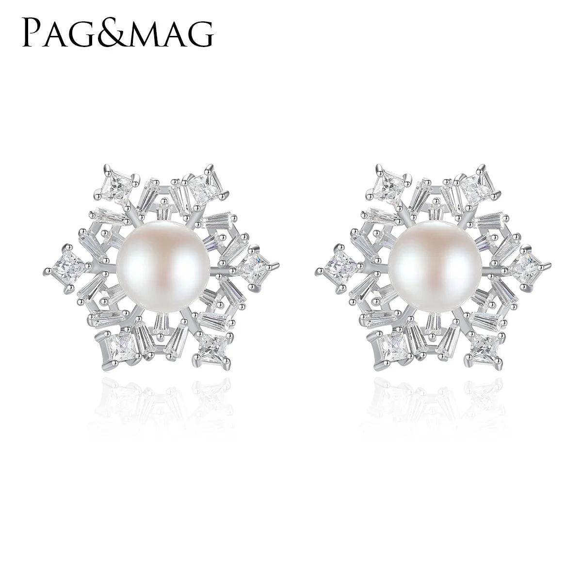 

PAG & MAG pure silver geometric Earrings Fashion snowflake set with 3A zircon natural freshwater pearl earrings for women