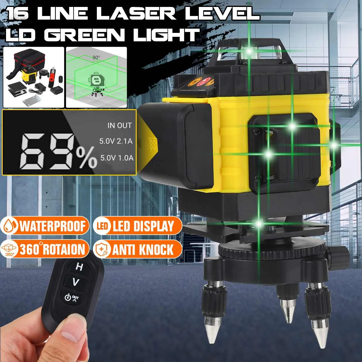

Laser Level 16 Lines 4D Level Self-Leveling 360 Horizontal And Vertical Cross Super Powerful Green Laser Level