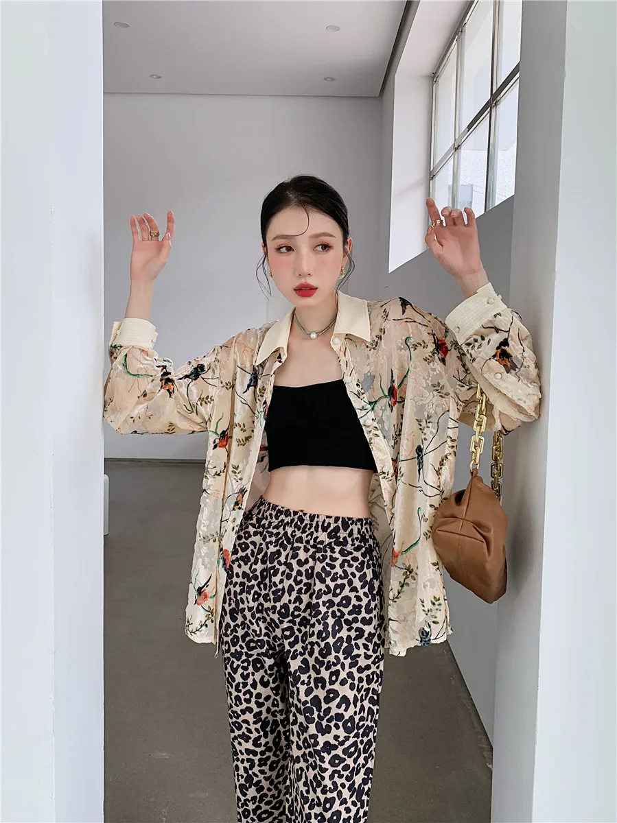 Шерстяная мешковатая рубашка с цветочным принтом сетчатая прозрачная осень 2021