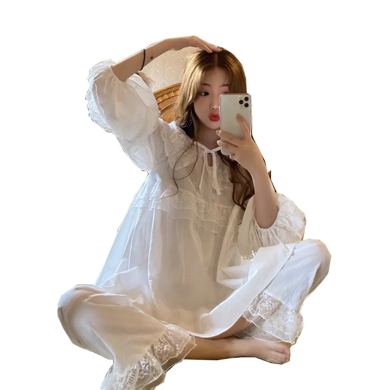 

2021 summer and spring luxury high-end new sweet stitching lace casual princess style nightgown dress suit sexy pajamas