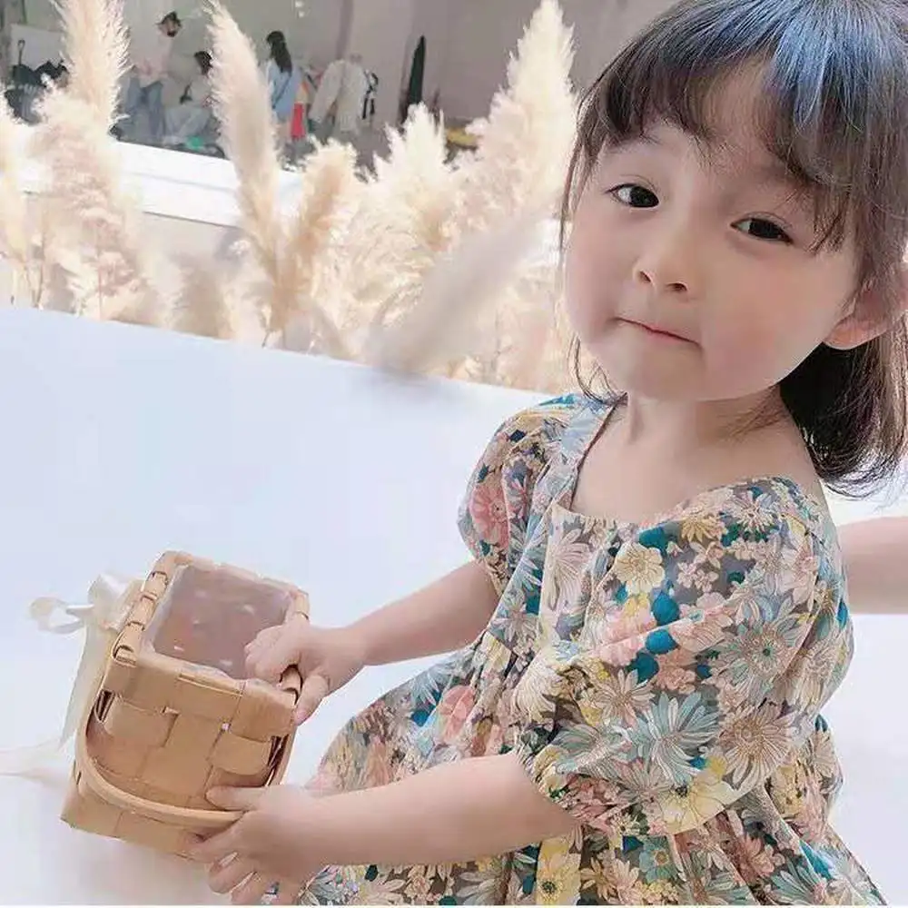 

Summer Puff Sleeve Baby Girl's Princess Cute Cross Back Children Party Dress Kids Infant Lolita Floral Dress for Toddlers