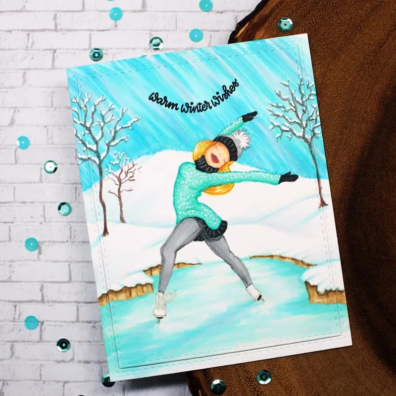 Силиконовый прозрачный штамп с изображением девушки на коньках + фразы