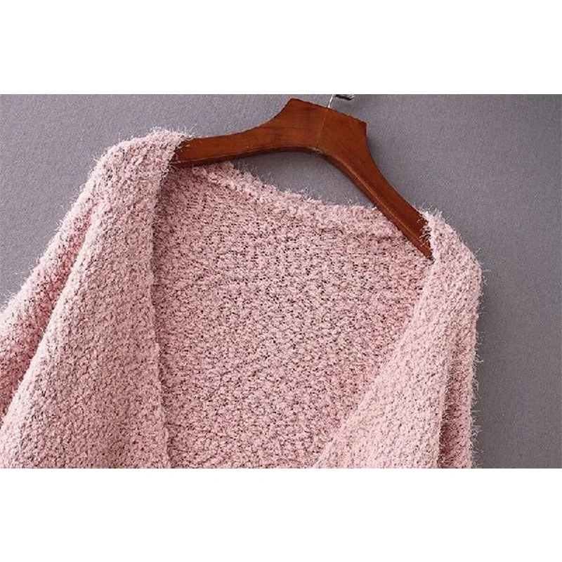 Мода Розовый Свитер Длинный Кардиган Женщин Открытый Стежка Зима Вязаный Пальто