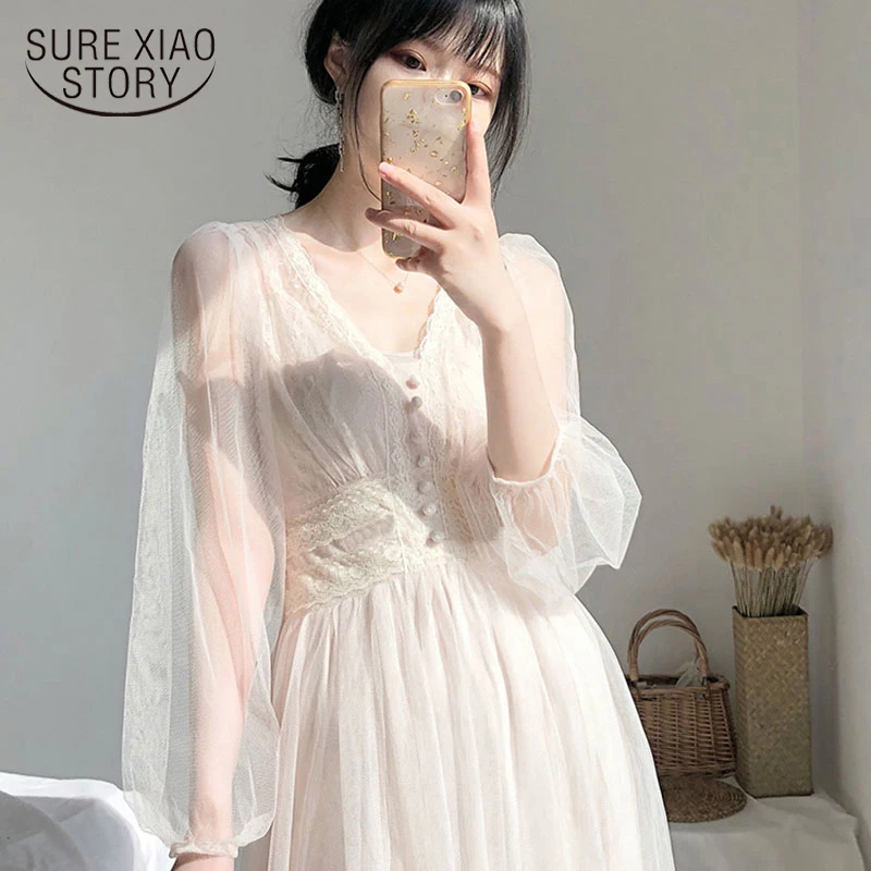2021 Summer Korean Style Elegant dress vintage Floral Print High Waist V-neck Short Sleeve Fashion Casual Ankle-length Dresses