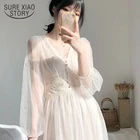 Женское элегантное платье-трапеция на пуговицах, белое платье с пышными рукавами и V-образным вырезом, кружевные сетчатые платья из вуали, осень 2022